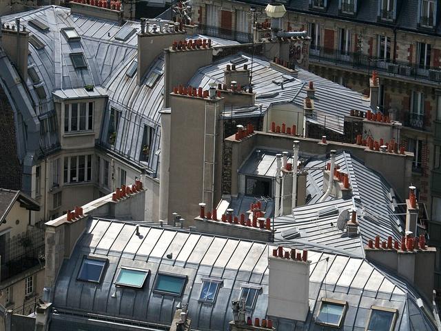 Zinc rooftops and chimney pots in central Paris